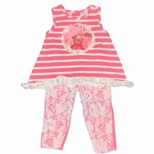 6/9 Peaches n' Cream Baby Girls Boutique Coral Ivory Lace Flower Outfit Set